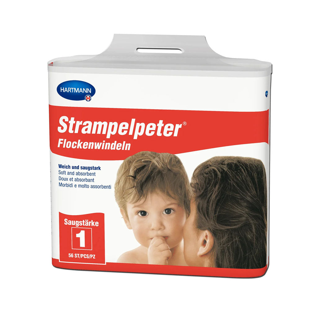 Ein gestapeltes Set von Strampelpeter Flockenwindeln in weißer Farbe auf einem hellen Hintergrund. Die Windeln sind in zwei Größen präsentiert: eine größere Windel und eine kleinere daneben. Jede Windel hat ein weiches, flauschiges Material, das auf der Vorderseite zu sehen ist. Auf den Windeln sind bunte, kinderfreundliche Muster abgebildet, die verschiedene tierische Motive zeigen. Die Kanten der Windeln sind rund und wirken sanft. Insgesamt vermittelt das Bild ein Gefühl von Komfort und Pflege für Babys.