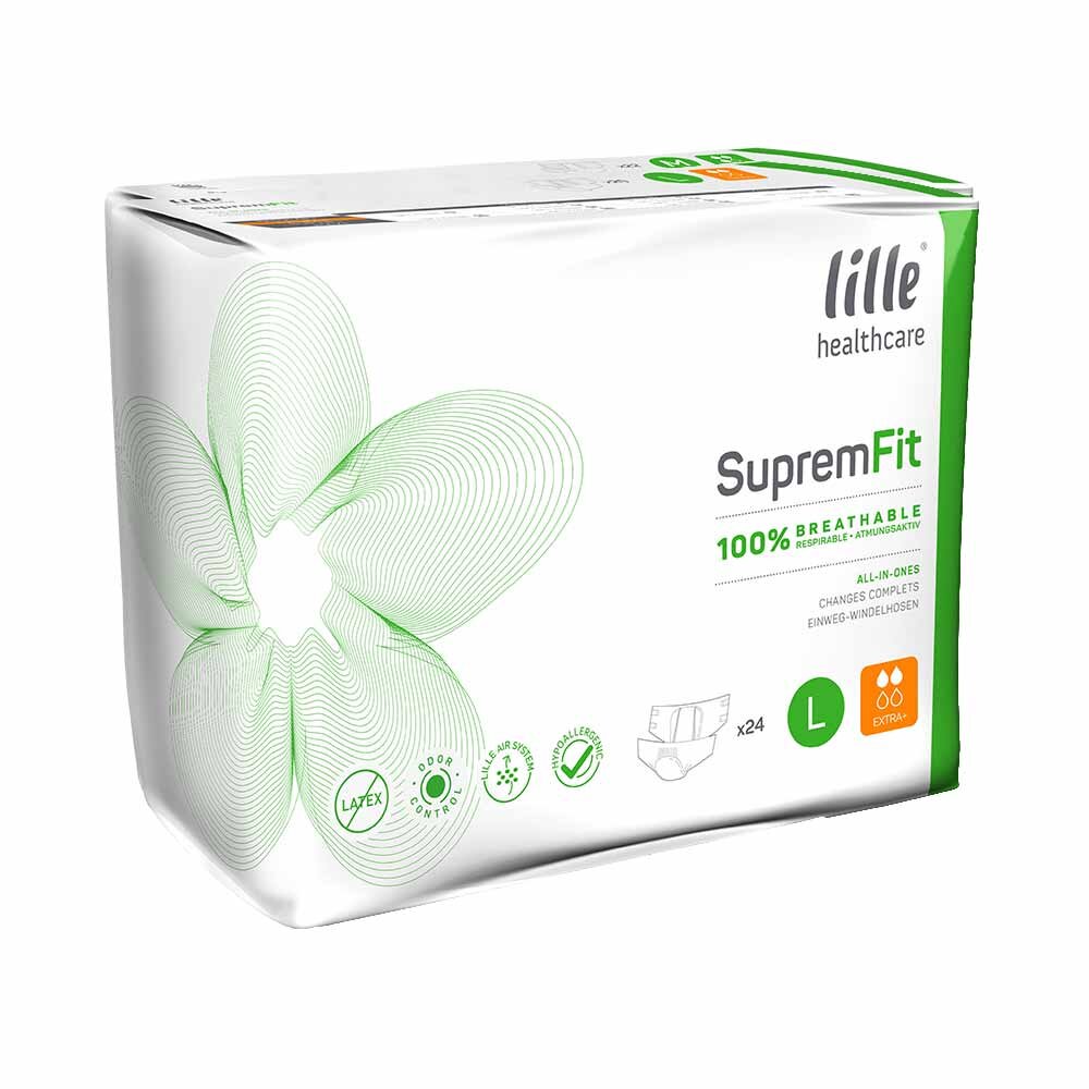 Bildbeschreibung: Das Produktbild zeigt eine Verpackung mit vier Boxen der Marke Suprem Fit L Extra Plus. Jede Box enthält 24 Stück, was insgesamt 96 Stück ergibt. Im Vordergrund sind die Boxen gut sichtbar, mit einer klaren Darstellung des Designs, das die Produktbezeichnung in auffälliger Schrift zeigt. Der Hintergrund ist neutral, um den Fokus auf die Boxen zu lenken. Die Farben sind harmonisch, mit einer Kombination aus Blau und Weiß, die Professionalität und Qualität vermittelt.