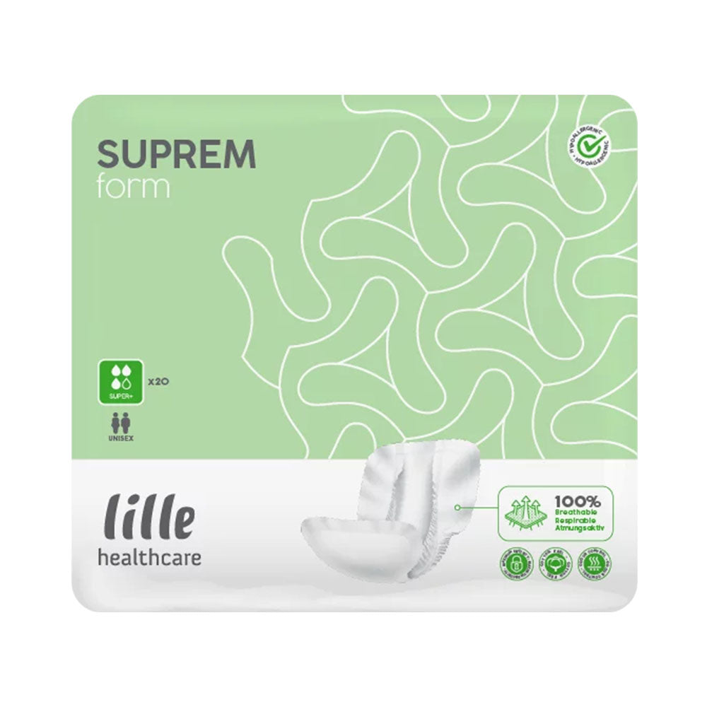 Alt-Text: "Das Produktbild zeigt eine Packung mit den Suprem Form Super Plus Slipeinlagen. Die Verpackung ist in einem ansprechenden Violett mit goldenen Akzenten gestaltet. Auf der Vorderseite ist das Produktlogo deutlich zu erkennen, zusammen mit der Bezeichnung 'Super Plus'. In der oberen Ecke befindet sich ein Symbol, das auf den hohen Saugabsorptionsgrad hinweist. Der Hintergrund der Packung ist hell, wodurch das Produkt hervorhebt.