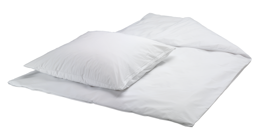 Produktbild einer eleganten Bettgarnitur aus PVC in strahlendem Weiß. Die Garnitur besteht aus einem glatten, glänzenden Material, das modern und elegant wirkt. Zu sehen sind ein Kissen und eine Decke, beide durch ihr minimalistisches Design ansprechend. Die Bettgarnitur liegt auf einem neutralen Hintergrund, der den Fokus auf die klare, weiße Optik lenkt. Die Ausstattung vermittelt ein Gefühl von Frische und Sauberkeit, ideal für eine stilvolle Schlafzimmergestaltung.