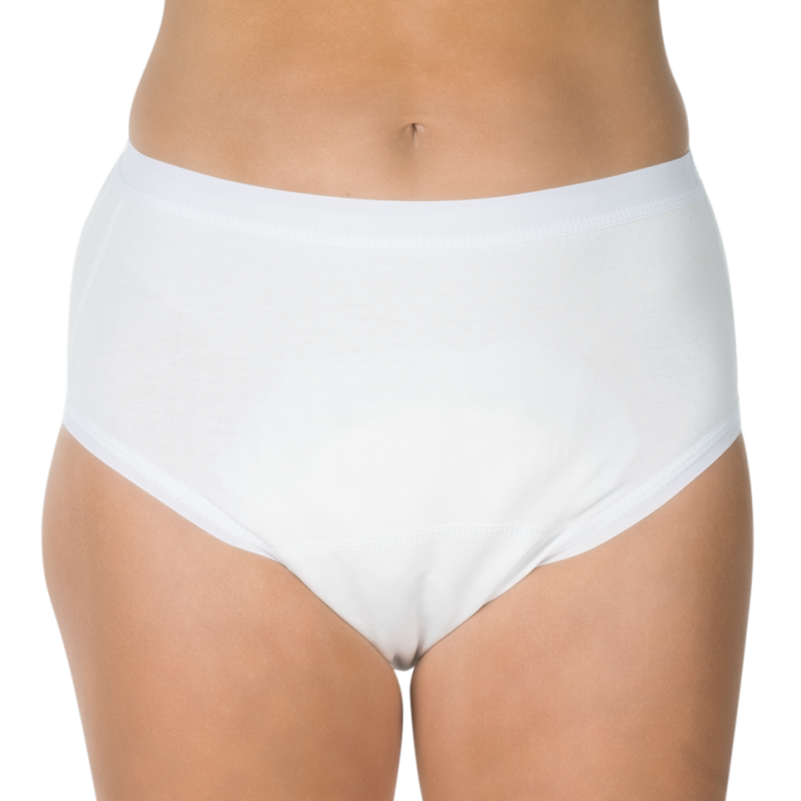 Bild eines Inkontinenzslips von Suprima, in der Farbe Weiß, Größe 40-42. Der Slip hat ein modernes und einfaches Design mit einem elastischen Bund für hohen Tragekomfort. Die Vorderseite ist glatt und zeigt keine auffälligen Muster oder Verzierungen, während die Seitenteile leicht dehnbar sind. Der Stoff wirkt weich und angenehm auf der Haut und bietet zuverlässigen Schutz. Der Slip ist für Erwachsene konzipiert und bietet diskrete Sicherheit bei leichten bis mittleren Inkontinenzproblemen.