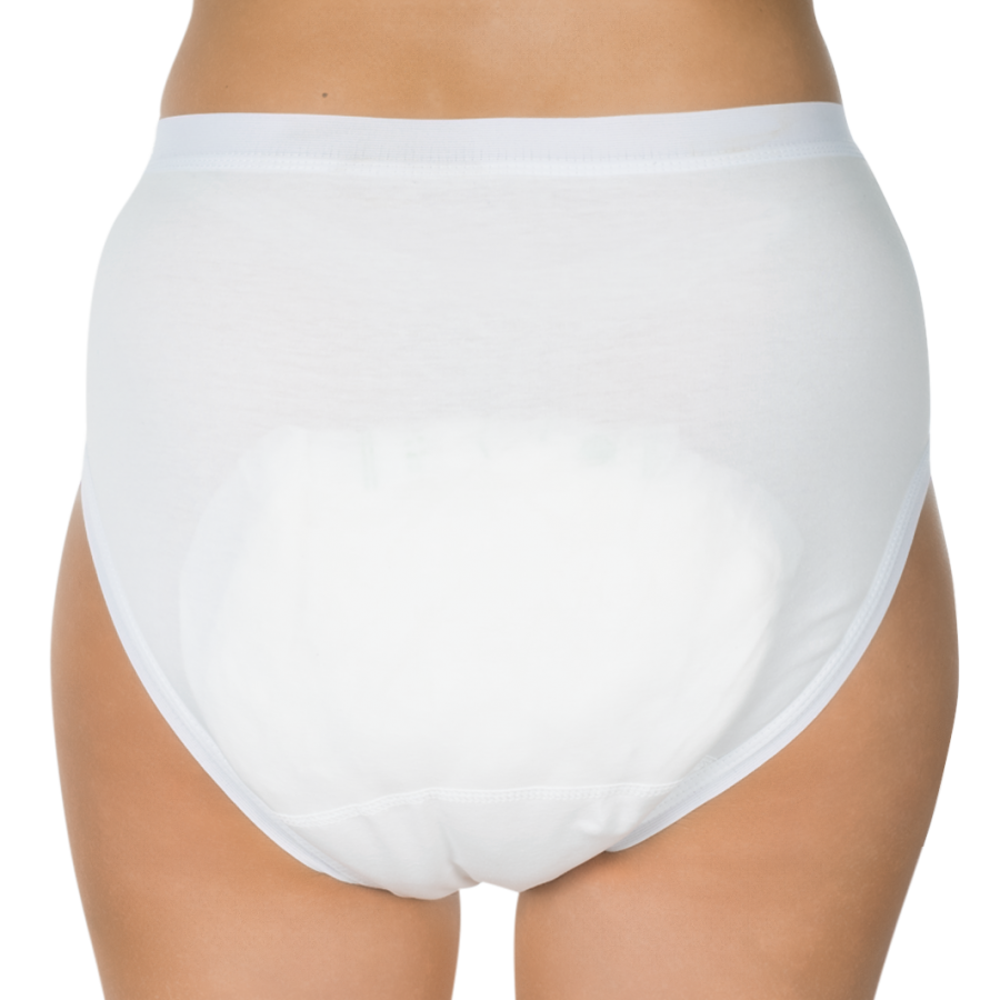 Inkontinenzslips "Suprima Bodyguard" in klassischem Weiß, Größe 44-46. Der Slip zeigt eine bequeme, elastische Bundkonstruktion für optimalen Sitz und Komfort. Die Oberfläche ist glatt und atmungsaktiv, geeignet für den täglichen Gebrauch. Er verfügt über einen integrierten, feuchtigkeitsabsorbierenden Bereich, der zusätzlichen Schutz bietet. Der Stoff wirkt angenehm auf der Haut und ist in einem schlichten, zeitlosen Design gehalten. Ideal für Menschen mit leichten bis mittleren Inkontinenzproblemen.