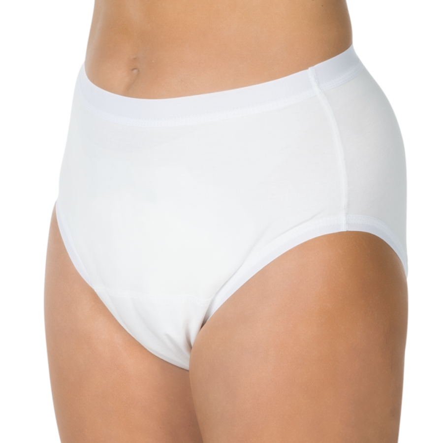 Bild eines Inkontinenzslips von Suprima, Modell Bodyguard, in der Farbe Weiß. Der Slip präsentiert sich in der Größe 52-54 und ist speziell für den Schutz bei Inkontinenz entwickelt. Die Vorderseite weist ein schlichtes Design mit elastischen Bündchen auf, die für eine gute Passform sorgen. Der Stoff wirkt angenehm und hautfreundlich. Im Hintergrund ist ein neutraler Farbton zu sehen, der den Slip hervorhebt. Die Produktbeschreibung ist in deutscher Sprache, was auf die Zielgruppe hinweist.