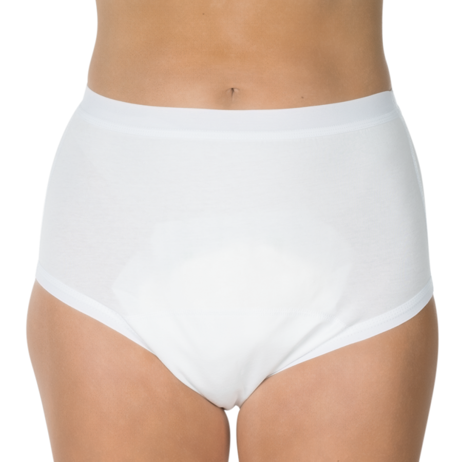 Weißer Inkontinenzslip von Suprima, Modell Bodyguard 2. Die Slips sind in der Größe 36-38 erhältlich und zeichnen sich durch einen hohen Tragekomfort und eine diskrete Optik aus. Der Stoff ist atmungsaktiv und hautfreundlich, ideal für den täglichen Gebrauch. Der Slip hat einen elastischen Bund und Beinabschlüsse, die eine optimale Passform gewährleisten.