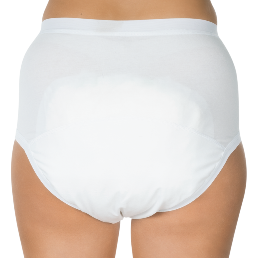 Weiße Suprima Bodyguard 2 Inkontinenzslips für Damen, Größe 40-42. Die Slips bestehen aus einem glatten, elastischen Material mit einem hohen Bund und bieten eine bequeme Passform. Sie sind mit einem anschmiegsamen Innenfutter ausgestattet, das optimalen Komfort und Schutz bietet. Der slip ist leicht, atmungsaktiv und sicher für den täglichen Gebrauch. Das Bild zeigt die Slips auf einem neutralen Hintergrund, wobei der Fokus auf der Textur und dem Schnitt des Produkts liegt.