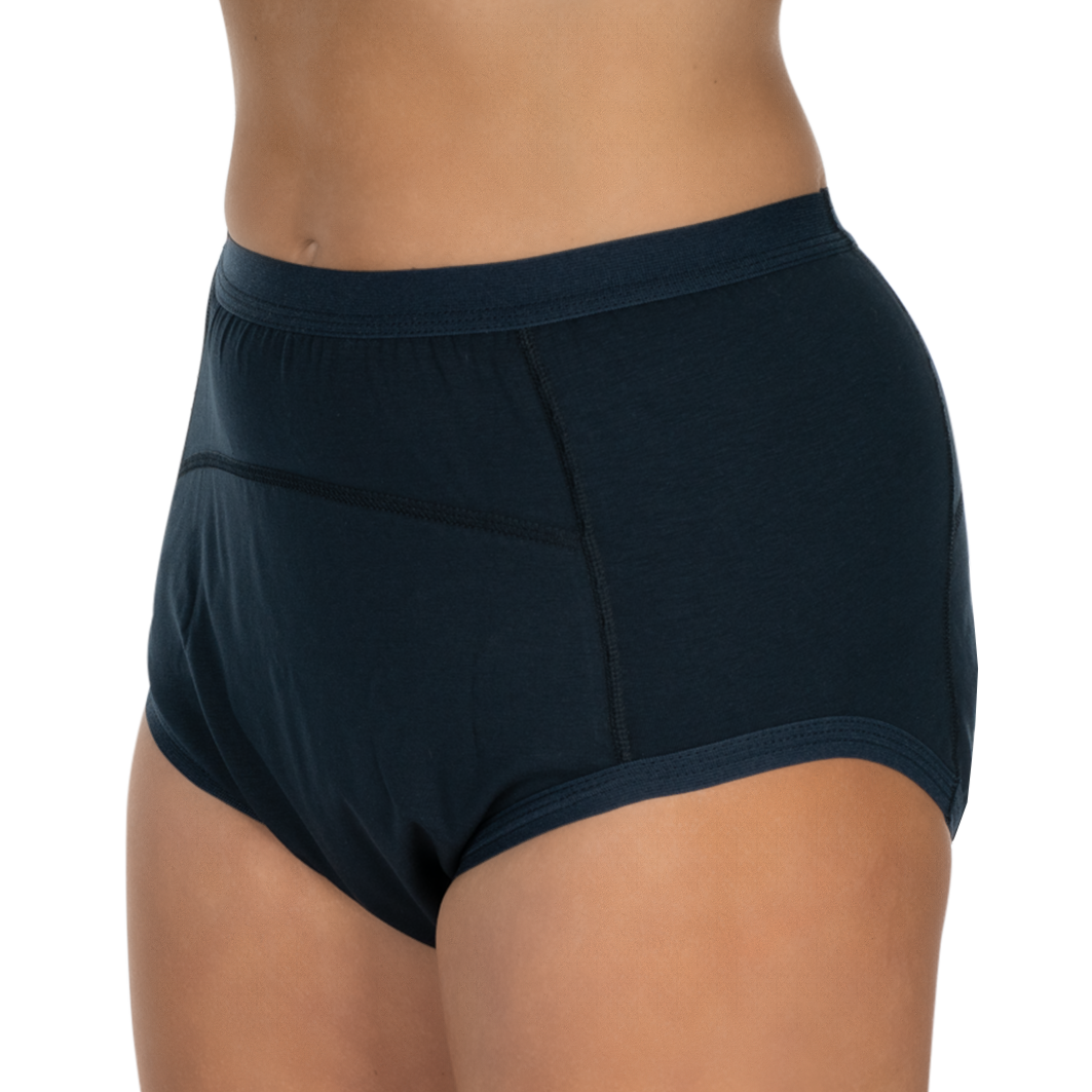 Seitenansicht eines angezogenen Suprima Bodyguard 3 Marine Inkontinenzslips.