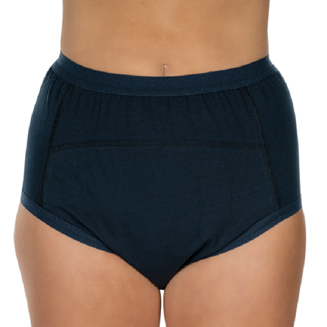 Frontalansicht eines angezogenen Suprima Bodyguard 3 Marine Inkontinenzslips.