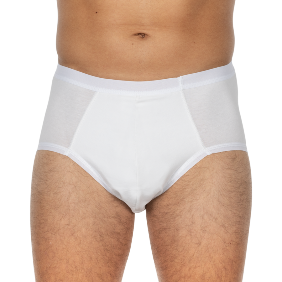 Bild eines weißen Suprima Bodyguard 5, Größe 5, in einem hellen, neutralen Hintergrund. Der Bodyguard ist aus einem weichen, atmungsaktiven Material gefertigt und hat eine elegante, schlichte Form mit einem elastischen Bund. Die Vorderseite zeigt eine sanfte Rundung, die ansprechend gestaltet ist, während der Schnitt eine bequeme Passform gewährleistet. Die Details des Stoffes sind gut sichtbar und zeugen von hoher Qualität.