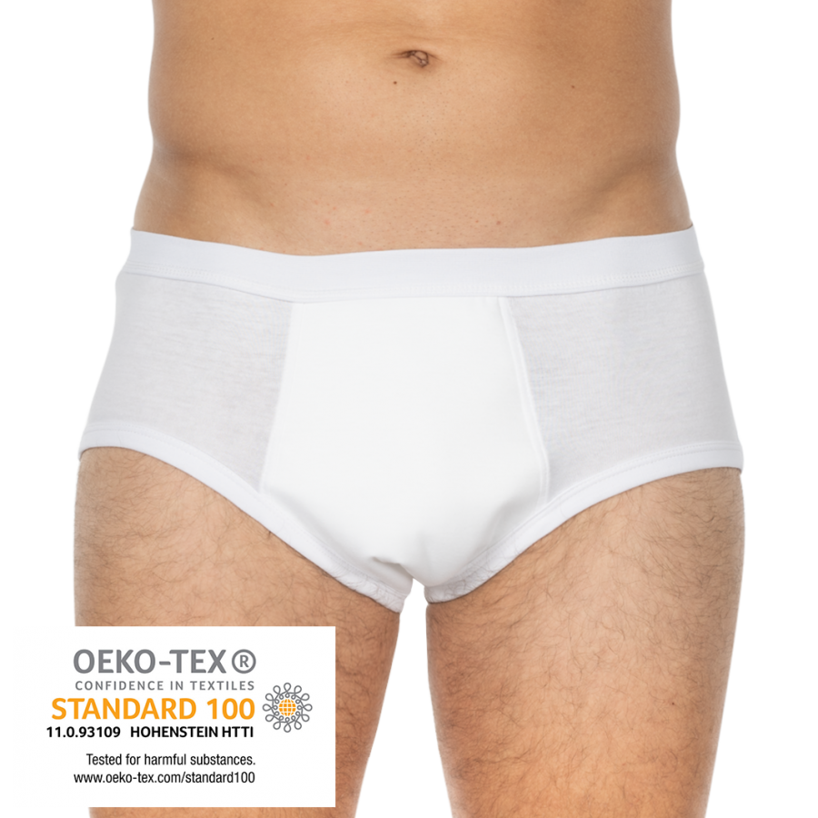 Ein weißer, nahtloser Slip von Suprima, Modell Bodyguard Light, mit integrierter Saugeinlage. Der Slip hat eine elegante, feminine Form und bietet optimalen Tragekomfort. Er ist aus einem weichen, hautfreundlichen Material gefertigt, das sanft auf der Haut liegt. Die Saugeinlage sorgt für zusätzlichen Schutz und Sicherheit bei Inkontinenz. Der Slip zeigt eine schlichte, aber ansprechende Optik, ideal für den täglichen Gebrauch. Die Größe des Slips ist Gr. 6.