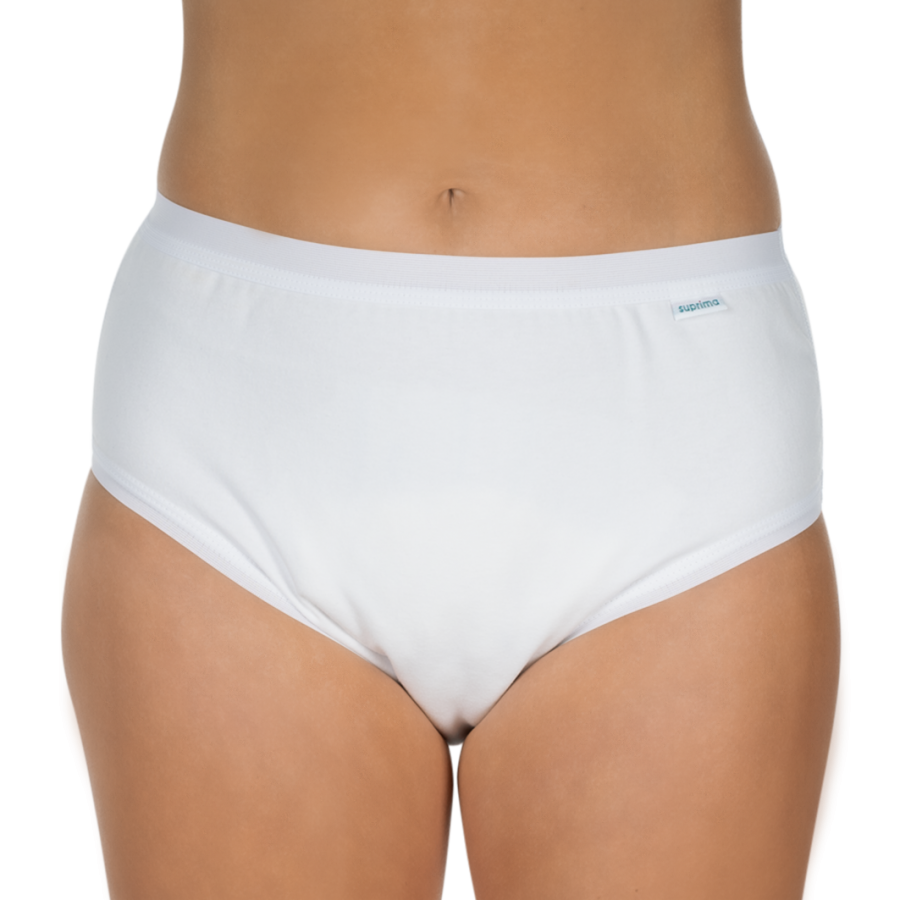 Ein schickes, weißes Suprima Bodyguard Slip in der Größe 48-50 ist auf dem Bild abgebildet. Der Slip hat einen elastischen Bund und bietet eine optimale Passform. Sein Design ist schlicht und zeitlos, ideal für den täglichen Gebrauch. Die Vorderseite zeigt eine glatte, nahtlose Oberfläche, während die Rückseite über die entsprechenden Konturen für maximalen Komfort verfügt. Der Stoff wirkt weich und atmungsaktiv, ideal für empfindliche Haut.