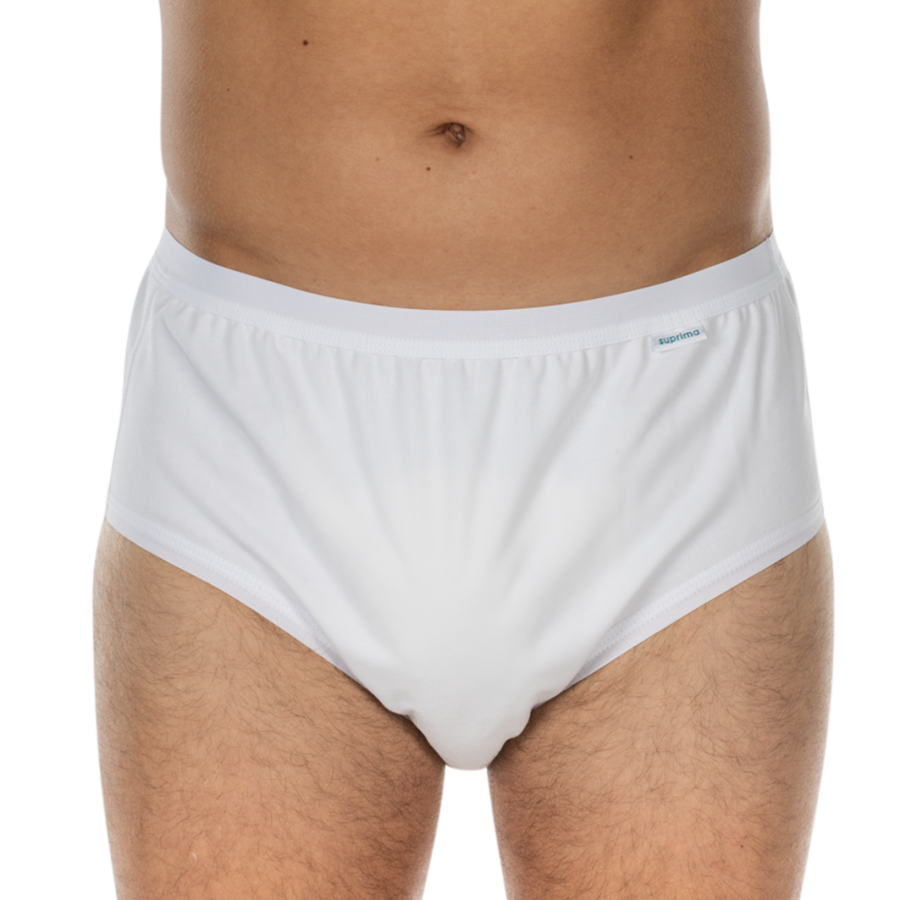Produktbild eines Suprima Bodyguard Slips in der Farbe Weiß, Größe 48-50. Der Slip hat eine klassische, komfortable Passform und ist aus weichem, atmungsaktivem Material gefertigt. Er bietet zusätzliche Sicherheit durch eine spezielle saugfähige Einlage. Der Bund ist elastisch und sorgt für einen angenehmen Sitz. Die Seitenansicht zeigt eine geschlossene Form, die Diskretion und Halt verspricht.