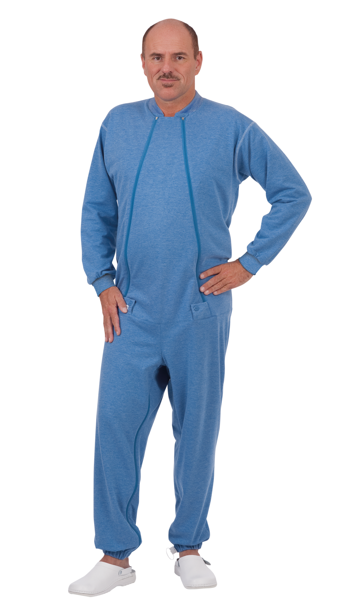 Pflegeoverall in Größe XL von Suprima, ausgestattet mit einem praktischen Front- und Beinreißverschluss für einfachen Zugang. Der Overall ist in einem sanften Blau gehalten und bietet eine bequeme Passform. Er verfügt über lange Ärmel und ist aus hautfreundlichem, atmungsaktivem Material gefertigt, um optimalen Tragekomfort zu gewährleisten. Ideal für Menschen, die Hilfe beim Ankleiden benötigen.