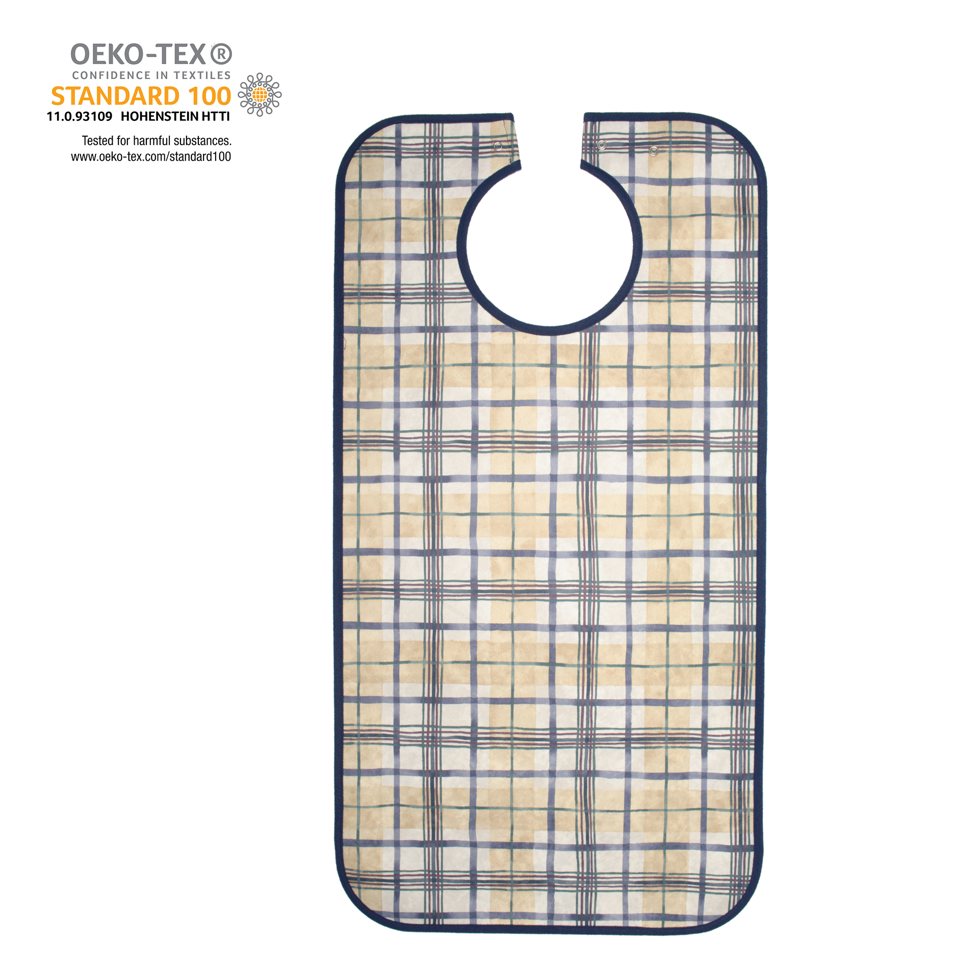 Bildbeschreibung einer blauen karierten Ess-Schürze aus Polyester mit Druckknopfverschluss. Die Schürze ist im klassischen Karomuster gestaltet, das in verschiedenen Blautönen gehalten ist. Sie hat eine rechteckige Form mit den Maßen 90 x 45 cm und reicht bis zur Hüfte. Der Druckknopfverschluss ist an der Oberseite sichtbar, was das Anlegen und Abnehmen erleichtert.