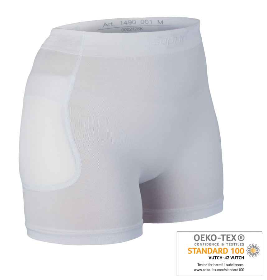 Weißer Hüftprotektor Slip für optimale Sicherheit und Komfort, ideal für den Einsatz im Sport oder bei Aktivitäten mit erhöhtem Verletzungsrisiko. Der Slip hat eine enganliegende, flexible Passform und besteht aus strapazierfähigem, atmungsaktivem Material. Die spezielle Polsterung sorgt für einen zuverlässigen Schutz der Hüfte, während der elastische Bund für zusätzlichen Halt sorgt. Das Design ist funktional und unauffällig, eignet sich somit für verschiedene Sportarten.