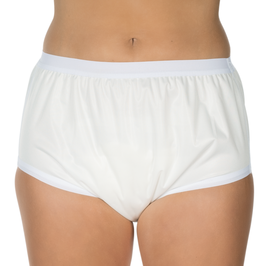 Weißer Inkontinenz-PUL-Slip in Schlupfform, Größe 40. Der Slip hat eine glatte Oberfläche und elastische Bündchen an den Beinen sowie einen bequemen Gummibund an der Taille. Das Material erscheint leicht und atmungsaktiv, ideal für den täglichen Gebrauch. Die Passform wirkt modern und unauffällig, was eine diskrete Nutzung ermöglicht. Der Hintergrund ist neutral, wodurch der Fokus vollständig auf dem Slip liegt.