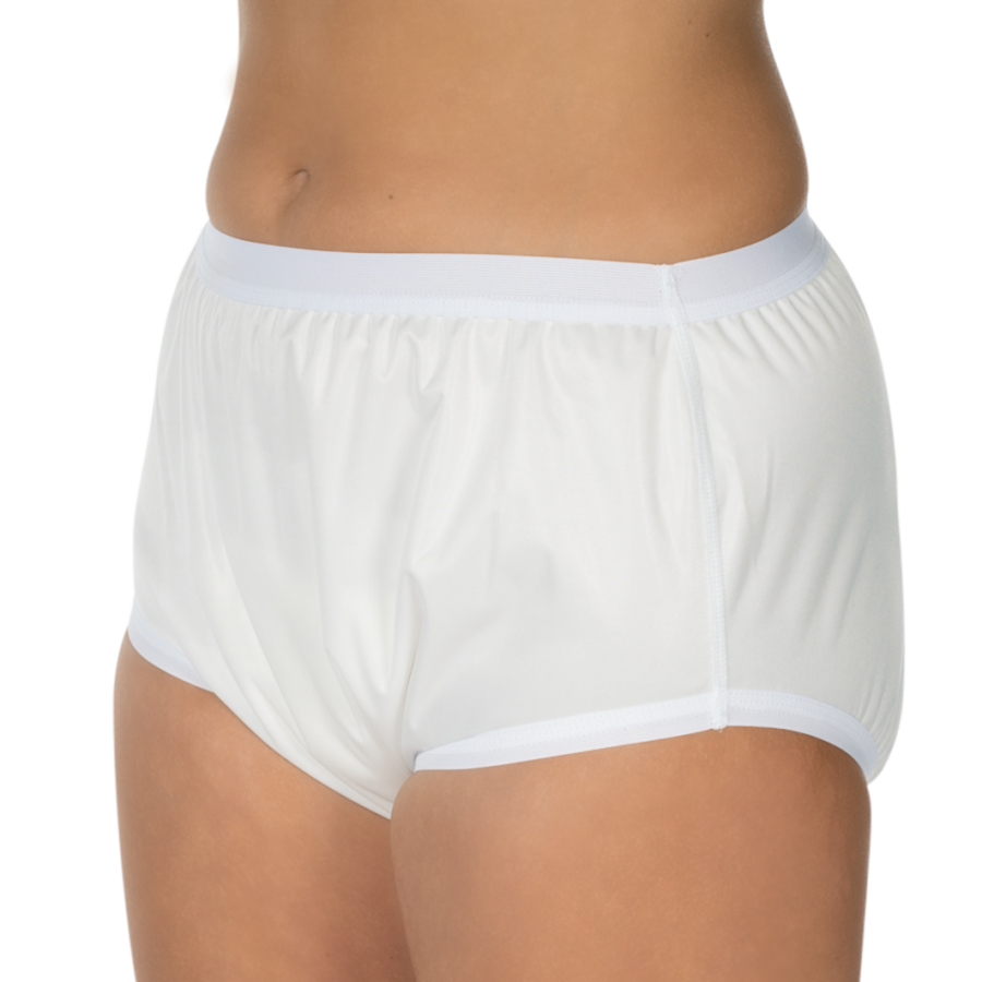 Weißer Inkontinenz-PU-Slip von Suprima in Größe 48; der Slip ist in einem einfachen, eleganten Design gehalten und bietet eine praktische Schlupfform. Hergestellt aus einem wasserabweisenden, atmungsaktiven Material, sorgt er für optimalen Tragekomfort und Sicherheit. Die Bund- und Beinabschlüsse sind elastisch, um eine gute Passform zu gewährleisten. Der Stoff ist leicht und flexibel, ideal für den täglichen Gebrauch.