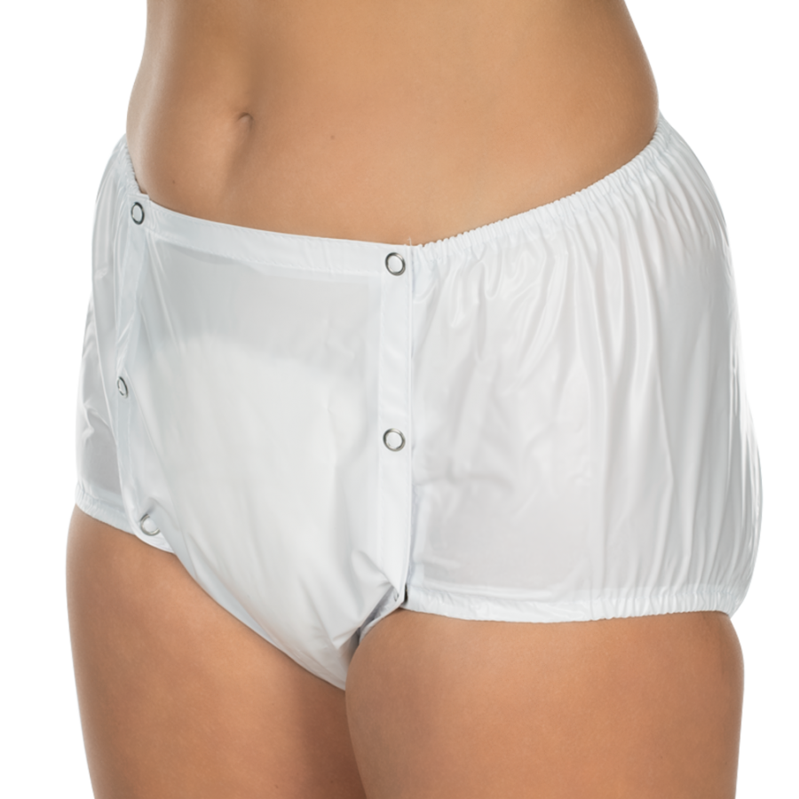 Ein Inkontinenz-Slip von Suprima in der Farbe Weiß, präsentiert auf einem neutralen Hintergrund. Der Slip ist aus hochwertigem, weichem Material gefertigt und bietet Knöpfe an der Seite für eine einfache Handhabung. Er hat einen elastischen Bund, der für einen bequemen Sitz sorgt. Die Absicherung gegenüber Flüssigkeiten wird durch eine zusätzliche, wasserdichte Schicht gewährleistet. Ideal für Menschen mit Inkontinenzproblemen, kombiniert der Slip Funktionalität mit einem diskreten Design.