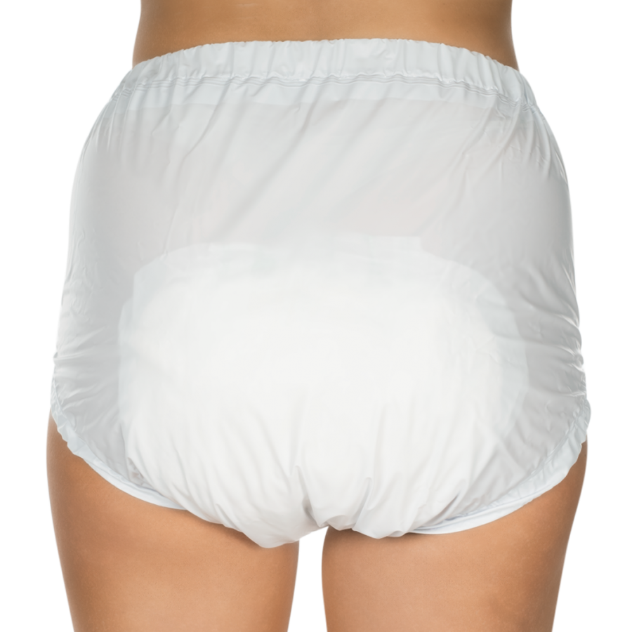 Weißer Slips mit Schlupfform aus PU (Polyurethan) und Polyester-Mesh, Größe 42, auf einem neutralen Hintergrund. Der Slip hat eine glatte und glänzende Oberfläche, die sich durch ein modernes Design auszeichnet. Die Seiten sind etwas breiter, während der Bund elastisch und komfortabel ist. Das Material wirkt atmungsaktiv und strapazierfähig, was auf eine hohe Qualität hinweist. Die Innenseite ist ebenfalls weiß und zeigt eine sorgfältige Verarbeitung.