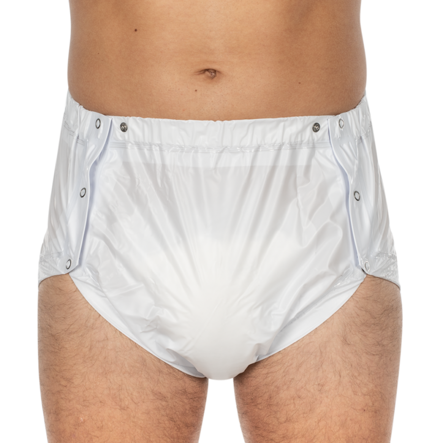 Bild eines weißen PU-Slips in Schlupfform, hergestellt aus leichtem Polyester-Netz. Der Slip ist in Größe 44 und zeichnet sich durch ein einfaches, komfortables Design aus. Die Vorderseite zeigt eine glatte, elastische Oberfläche, während die Rückseite eine lockere Passform hat, die Bewegungsfreiheit bietet. Der Bund ist weich und flexibel, um optimalen Tragekomfort zu gewährleisten. Das Netzmaterial verleiht dem Slip eine atmungsaktive Qualität, ideal für den Alltag oder sportliche Aktivitäten.