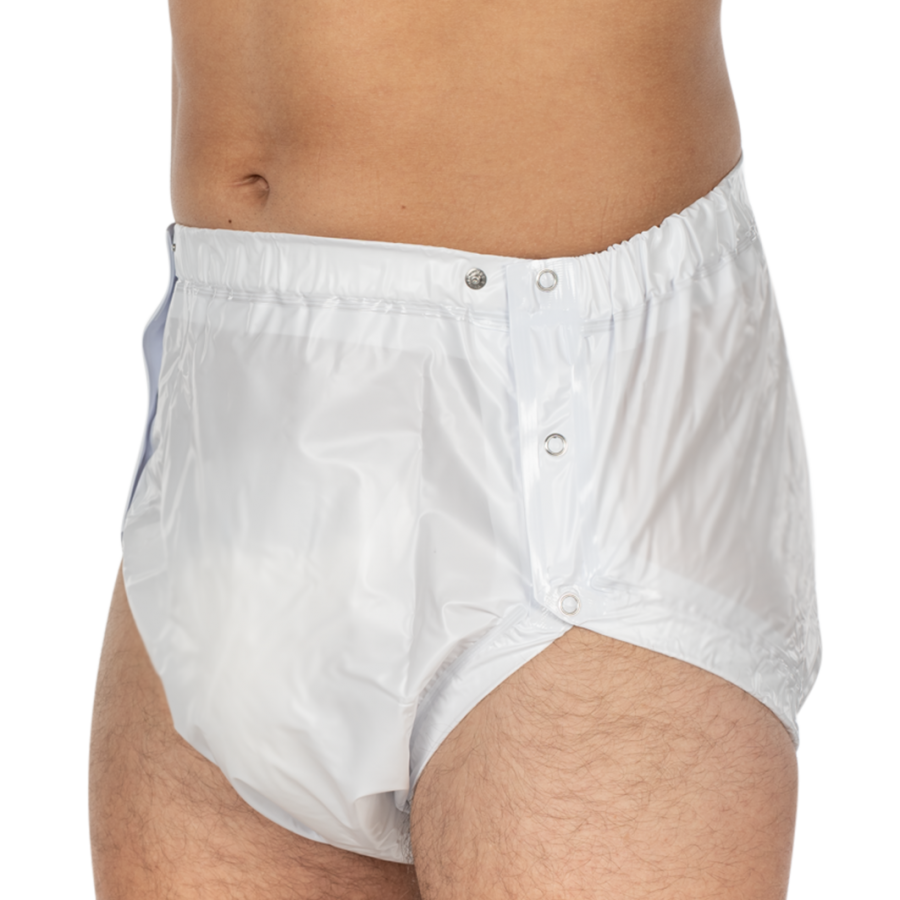 Bild eines weißen PU-Slips in Schlupfform, Größe 46. Der Slip ist aus schimmerndem, leicht elastischem Material und verfügt über ein Netzdesign aus Polyester an den Seiten, das für zusätzlichen Komfort sorgt. Der Bund ist weich und dehnbar, um ein angenehmes Tragegefühl zu gewährleisten. Der Hintergrund des Bildes ist neutral gehalten, was den Fokus auf den Slip selbst lenkt. Der Artikel ist ideal für eine bequeme, sportliche und zugleich stilvolle Unterwäsche, die ideal für den Alltag ist.