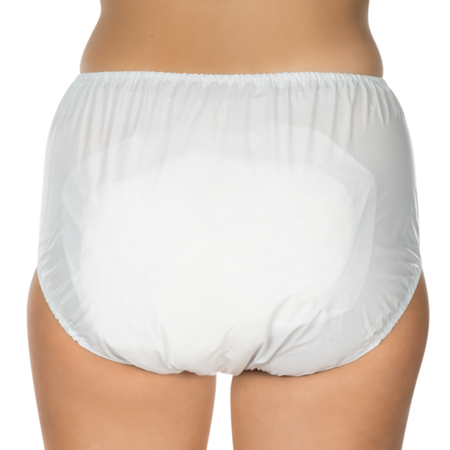 Das Bild zeigt eine weiße Suprima PVC-Slip-Schlupfform auf einem hellen Hintergrund. Die Schlupfform hat eine schlichte, klassische Schnittführung und ist aus glänzendem PVC-Material gefertigt. Die Taille ist elastisch und bietet einen sicheren Sitz. Die Seiten des Slips sind eher schmal und betonen die Form. Der Stoff wirkt strapazierfähig und ist ideal für den Einsatz in der Pflege oder für spezielle Bedürfnisse. Die gesamte Form vermittelt ein Gefühl von Funktionalität und Komfort.