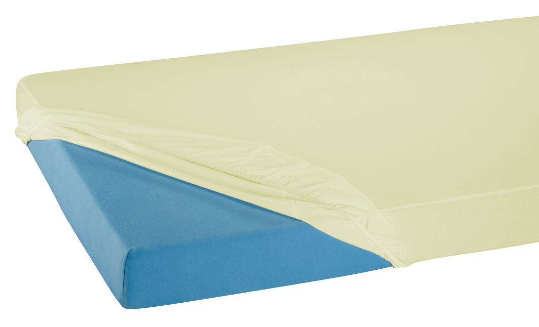 Spannbetttuch aus PVC in der Farbe Weiß, geeignet für Matratzen mit den Maßen 100 x 200 cm. Das Tuch liegt glatt und faltenfrei auf einer flachen Unterlage. Es zeigt eine einheitliche, glänzende Oberfläche, die das Material und die Farbe gut zur Geltung bringt. Der Stoff wirkt strapazierfähig und robust, ideal für die Verwendung in Pflegeeinrichtungen oder für Allergiker. Der Rand des Spannbetttuchs ist sauber verarbeitet, um ein Verrutschen auf der Matratze zu verhindern.