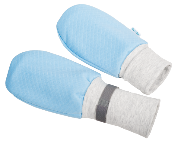 Paar blaue Fixierhandschuhe mit grauen Handgelenkbündchen, gepolstert zur sicheren Handfixierung in der Pflege.