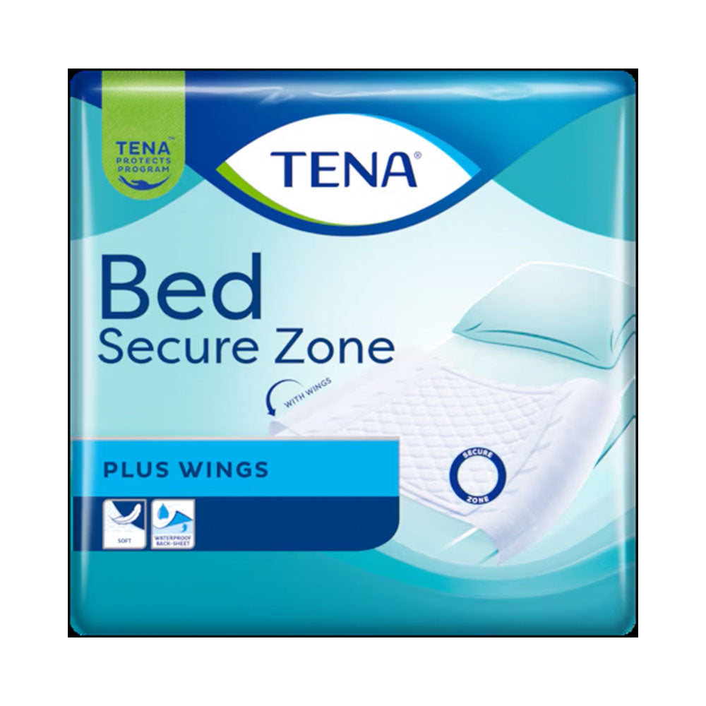 Bildbeschreibung: Eine Packung mit TENA Bed Plus Wings Bettschutzunterlagen, Größe 180 x 80 cm. Die Verpackung zeigt das Produkt klar und deutlich, mit dem markanten TENA-Logo im oberen Bereich. Die Unterlagen sind für zusätzlichen Schutz konzipiert und verfügen über Flügel, die einen sicheren Halt auf der Matratze bieten. Der Hintergrund ist hell und neutral, um die Unterlagen hervorzuheben. Die Farbgestaltung ist in Blau- und Weißtönen, was auf die hygienischen Eigenschaften des Produkts hinweist.