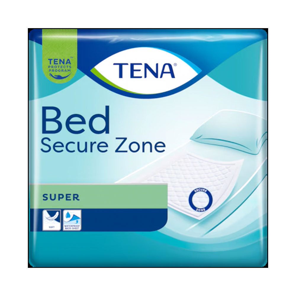 Frontalansicht einer Packung Tena Bed Super 60 x 60 cm Bettschutzunterlagen.