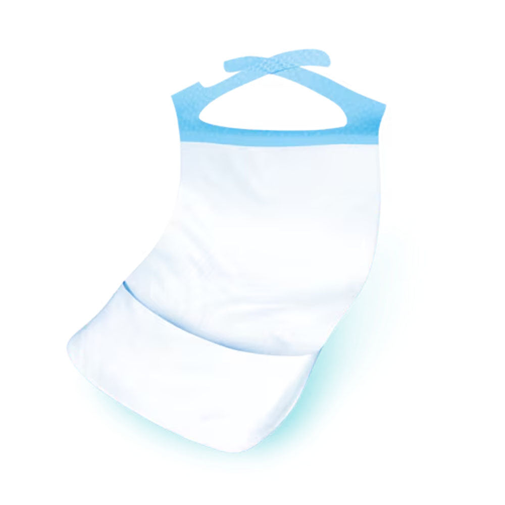 Frontalansicht einer einzeln entnommenen Tena Bibs Large Schutzserviette.