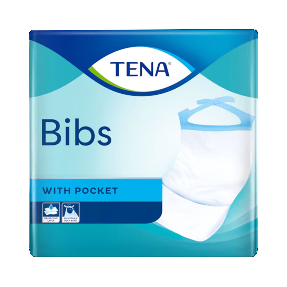 Ein Produktbild von Tena Bibs in der Größe Medium. Die Schutzservietten sind in einer hellen, ansprechenden Verpackung präsentiert, die das Markenlogo deutlich zeigt. Im Vordergrund sind die Servietten sichtbar, die auf eine weiße Oberfläche gelegt sind. Die Verpackung hebt die Hauptmerkmale der Produktlinie hervor, wie etwa die hohe Saugfähigkeit und den modernen, diskreten Schutz.