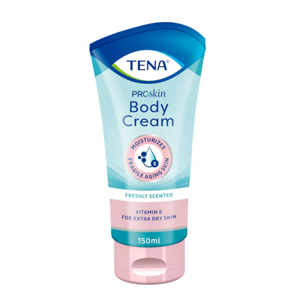 Tena Body Cream ist in einem eleganten, weißen Spender mit blauer und lila Akzentfarbe abgebildet. Die Tube hat einen praktischen Pumpspender, der eine hygienische Anwendung ermöglicht. Der Hintergrund ist weich und neutral gehalten, um den Fokus auf das Produkt zu lenken. Auf der Vorderseite der Tube sind die Produktbezeichnung und die Hauptmerkmale gut lesbar, was die Informationen klar und ansprechend präsentiert.