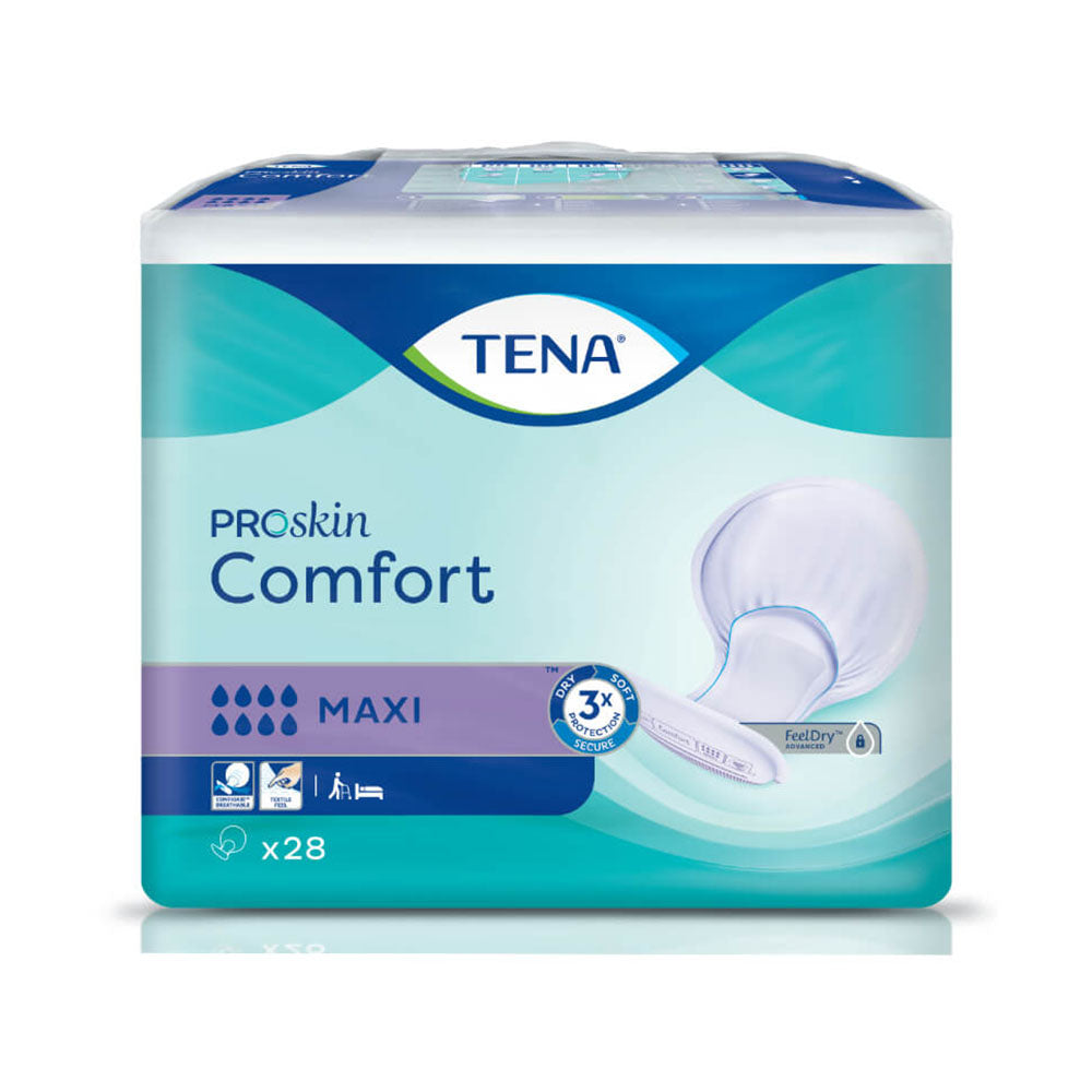 Frontalansicht einer Packung Tena Comfort Maxi Inkontinenzvorlagen.