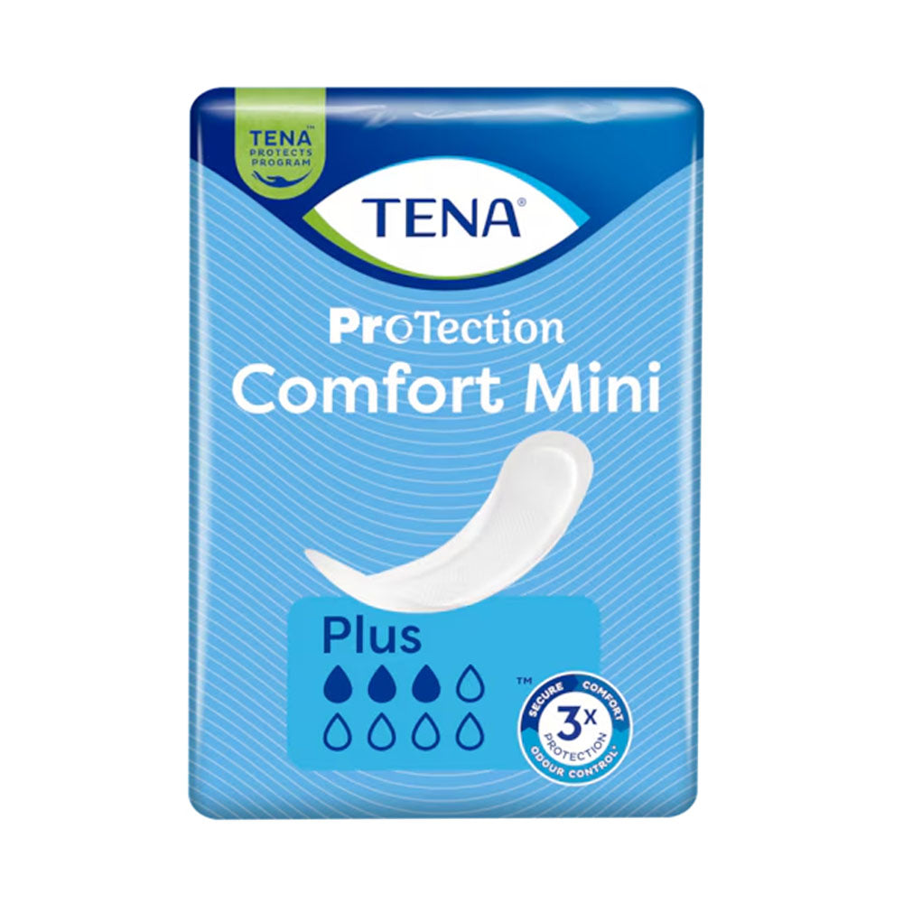 Zwei Packungen TENA Comfort Mini Plus Inkontinenzeinlagen, die nebeneinander präsentiert werden. Beide Packungen haben ein modernes, klares Design mit dominierender blauer Farbe und weißem Schriftzug. Auf der Vorderseite sind die Produktbezeichnung „TENA Comfort Mini Plus“ sowie Hinweise zur Saugfähigkeit und dem Einsatzbereich abgedruckt. Im Hintergrund ist ein sanfter Farbverlauf zu sehen, der die Packungen hervorhebt.