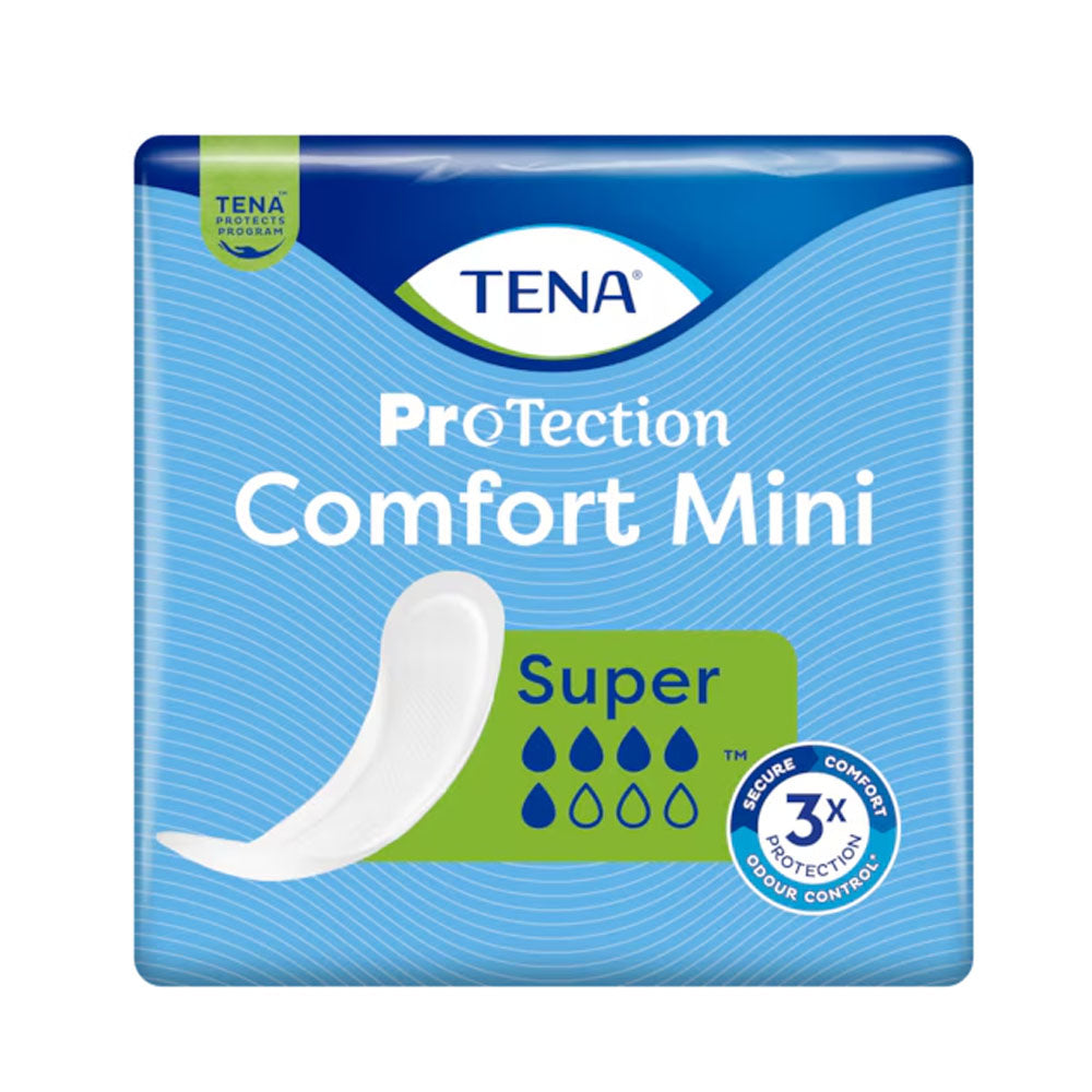 Frontalansicht einer Packung Tena Comfort Mini Super Inkontinenzeinlagen.