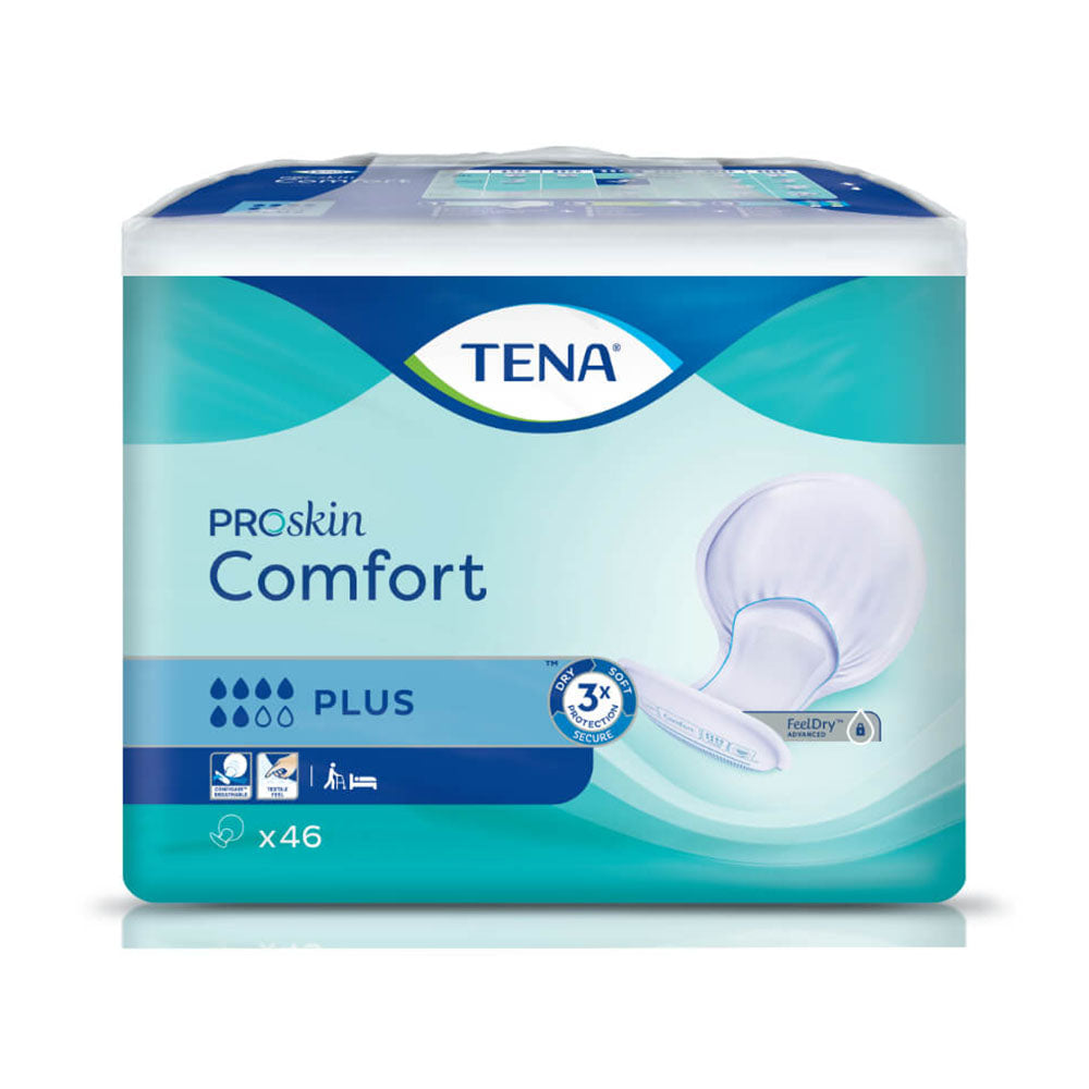 TENA Comfort Plus Inkontinenzeinlagen, Verpackung in sanften Blau- und Weißtönen, zeigt eine Bildansicht der Produktverpackung. Die Einlagen sind optimal für mittlere bis starke Inkontinenz, mit einer besonderen Fokus auf Komfort und Sicherheit. Die Vorderseite der Verpackung hebt die Technologie zur Feuchtigkeitskontrolle und den Atmungsaktivität hervor. Oben links befindet sich das TENA Logo, und rechts steht "Comfort Plus".
