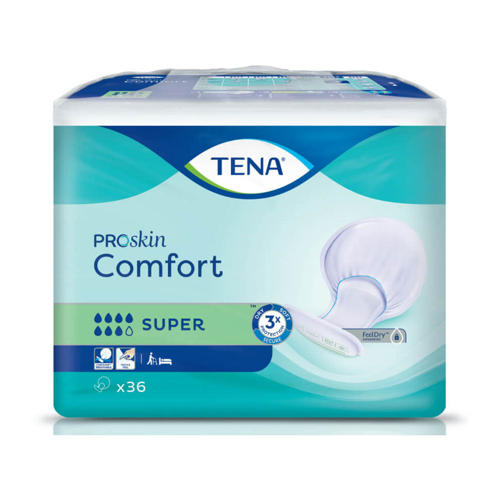 Bild von TENA Comfort Super Inkontinenzeinlagen in einer Packung. Die Einlagen sind in einem sanften, blauen Farbton gehalten und zeigen im Vordergrund das Produkt mit klaren Markierungen. Am oberen Rand ist der Produktname "TENA Comfort Super" gut lesbar. Die Einlagen sind einzeln gefaltet, was ihre Verwendung als bequeme und diskrete Lösung für Harninkontinenz aufzeigt. Die Verpackung bietet zudem informative Symbole, die auf die hohe Saugfähigkeit hinweisen.