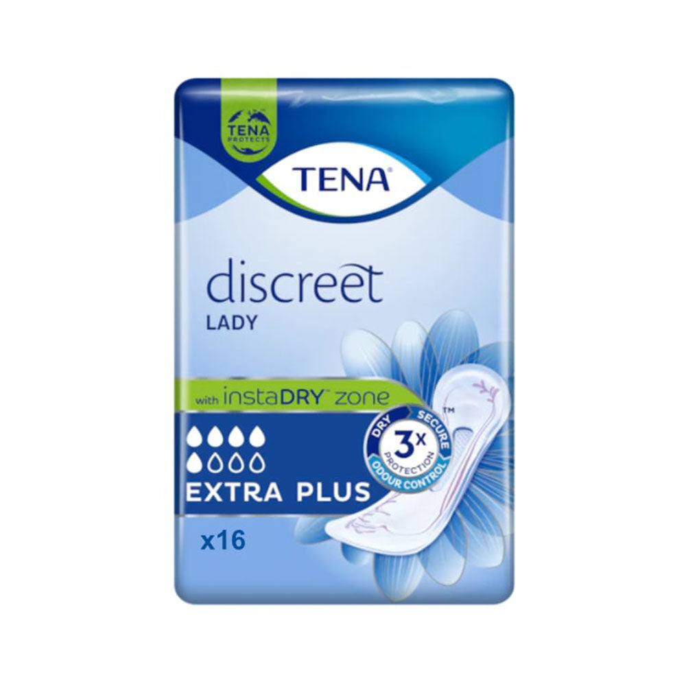 Bild zeigt die Verpackung von TENA Discreet Lady Extra Plus Inkontinenzeinlagen. Die Box hat eine weiße Grundfarbe mit bunten Akzenten. Auf der Vorderseite sind das Produktlogo „TENA“ und der Produktname klar in großen, gut lesbaren Buchstaben abgebildet. Es sind auch Informationen zu Größe und Schutzstärke angegeben. Die Darstellung suggeriert diskrete und komfortable Nutzung. Im Hintergrund sind sanfte, beruhigende Farbtöne, die den Fokus auf die Produktbeschreibung lenken.