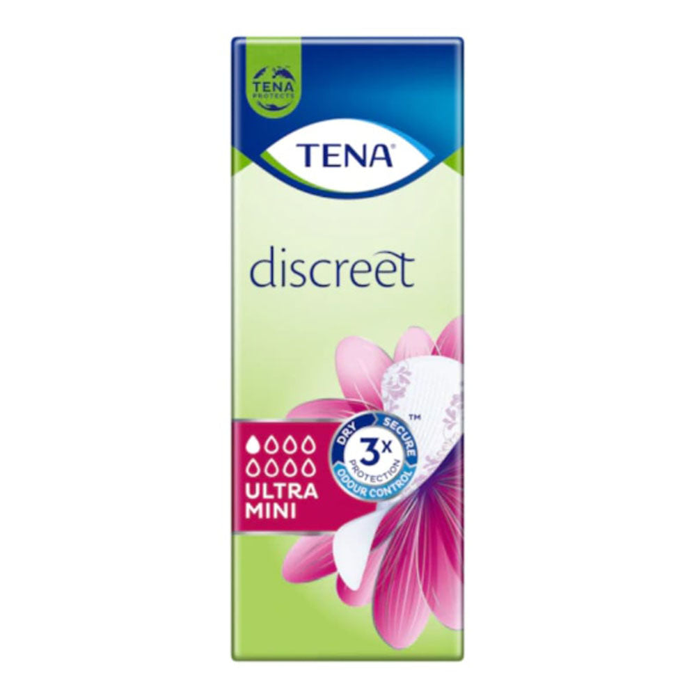 Produktbild der TENA Discreet Ultra Mini Inkontinenzeinlagen: Die abgebildeten Einlagen sind in einer eleganten, schlichten Verpackung untergebracht, die eine feminine, zarte Farbpalette in Blau und Weiß zeigt. Oben auf der Verpackung befindet sich das TENA-Logo sowie der Produkttyp "Discreet Ultra Mini". Die Einlagen selbst werden an der Seite sichtbar, sind kompakt und bieten eine dünne, flexible Struktur.