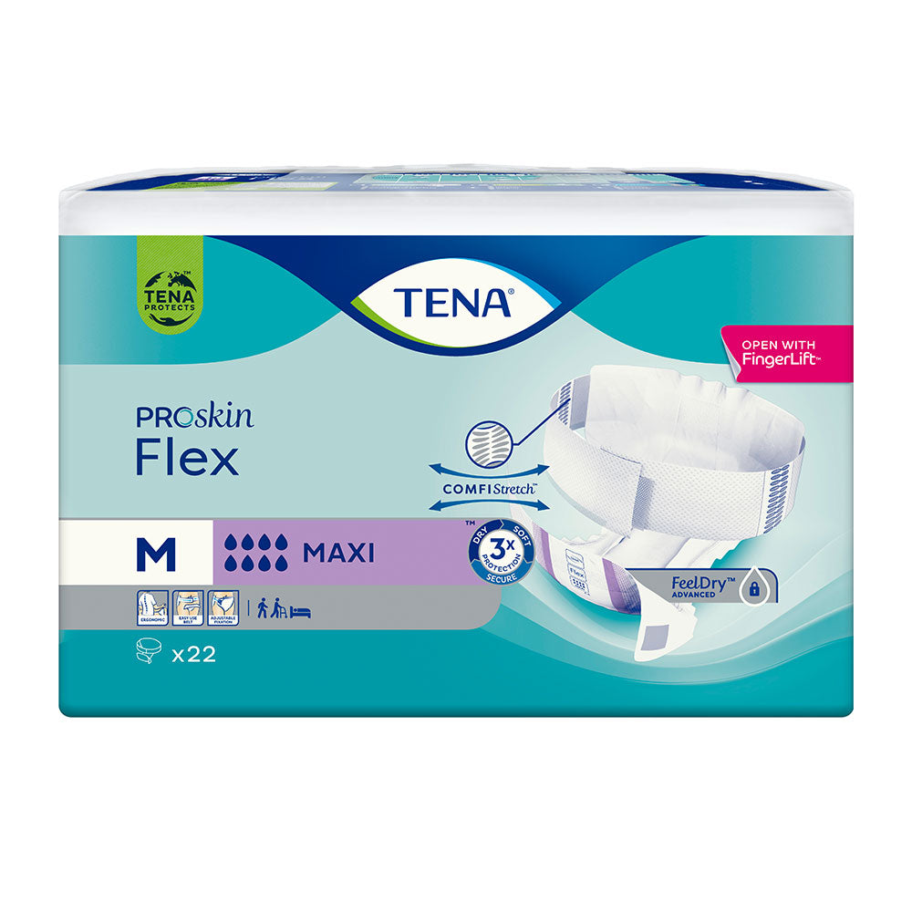 Frontalansicht einer Packung Tena Flex Maxi Medium Inkontinenzwindeln.