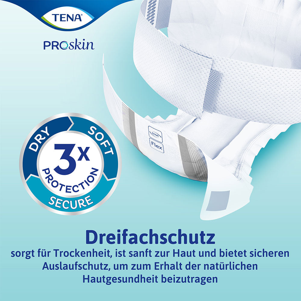 Nahaufnahme einer Tena Flex Maxi Medium Inkontinenzwindel mit Hinweis auf Dreifachschutz: Trockenheit, Hautverträglichkeit & Auslaufschutz.