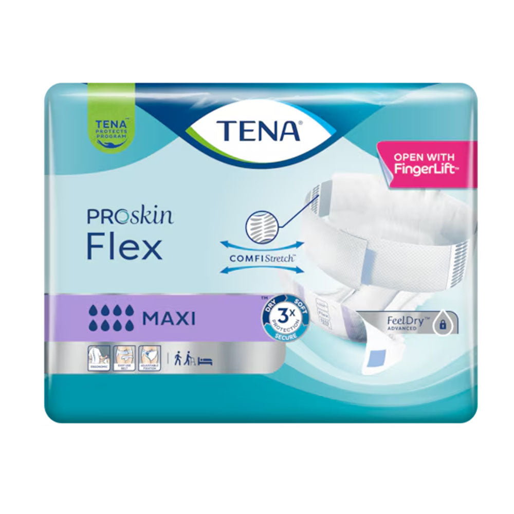 Das Bild zeigt die TENA Flex Maxi XL Inkontinenzvorlagen. Die Vorlagen sind in einem hellen, freundlichen Design gehalten und befinden sich auf einem weißen Untergrund. Die Verpackung ist in Form eines stabilen Kartons, der die Vorlagen schützt. Auf der Vorderseite sind wichtige Informationen wie der Produktname, die Größe "XL" und das Logo von TENA deutlich zu erkennen. Zudem sind Hinweise zur Saugstärke sowie Symbole für die Benutzerfreundlichkeit abgebildet.