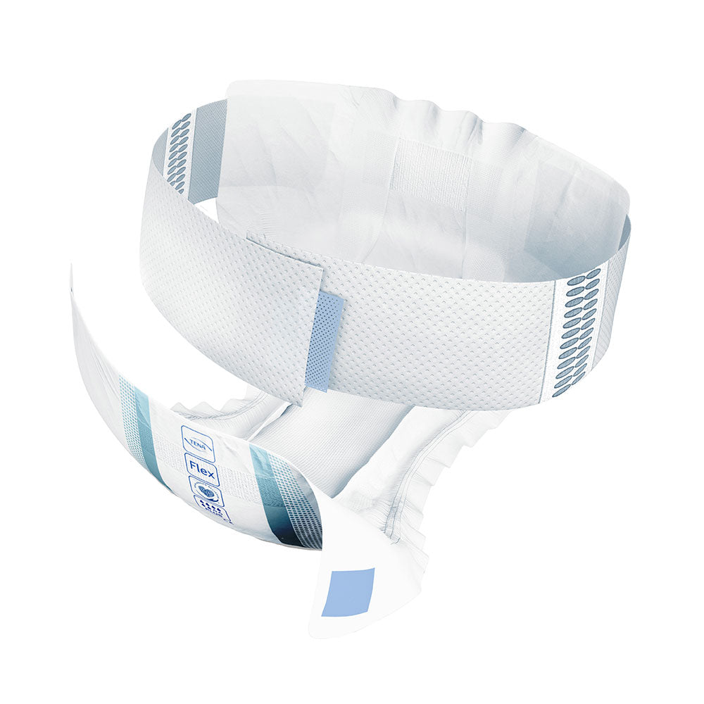 Frontalansicht einer einzeln entnommenen Tena Flex Plus Inkontinenzvorlage.