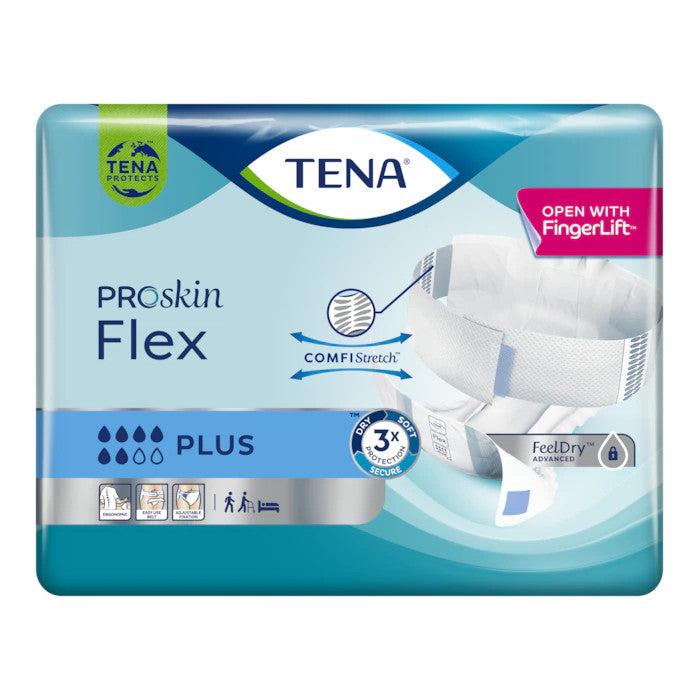 Bild zeigt eine Packung TENA Flex Plus, große Inkontinenzvorlagen, auf weißem Hintergrund. Die Vorderseite der Verpackung ist in Blau- und Grüntönen gehalten und hebt die Merkmale der Vorlage hervor, wie hohen Saugkomfort und ein diskretes Design. Auf der Verpackung sind sicherheitsbewusste Symbole abgebildet, um die Qualität des Produkts zu unterstreichen. Die Vorschau der Vorlagen ist teilweise sichtbar, was die Anwendungsfreundlichkeit zeigt.