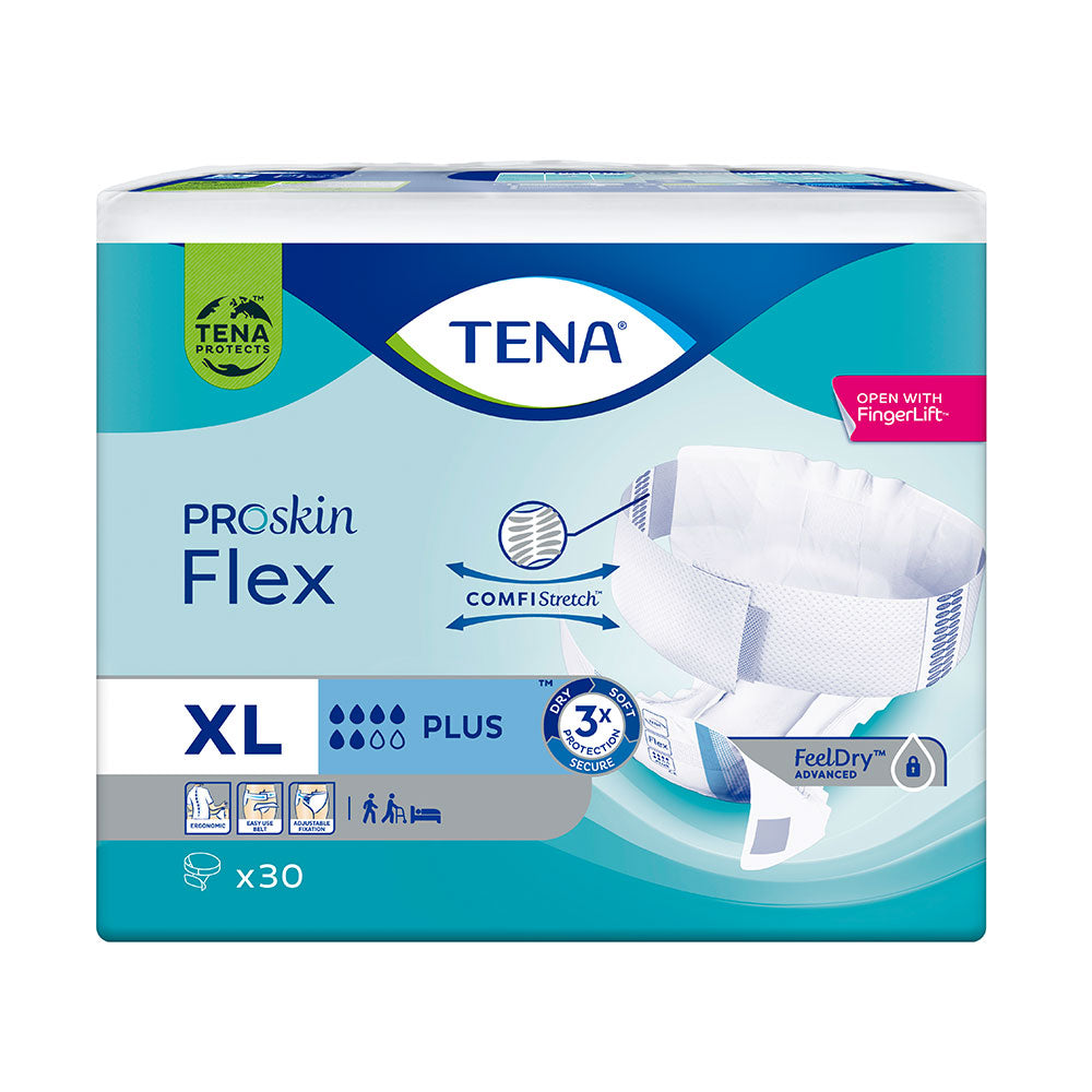 Frontalansicht einer Packung Tena Flex Plus XL Inkontinenzvorlagen.