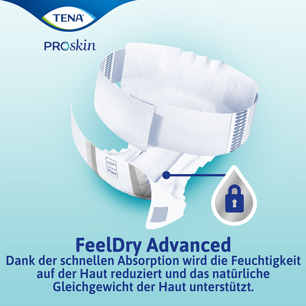 Nahaufnahme einer Tena Flex Super Inkontinenzvorlage mit Hinweis auf FeelDry Advanced Technologie: Dank der schnellen Absorption wird die Feuchtigkeit auf der Haut reduziert und das natürliche Gleichgewicht der Haut unterstützt.