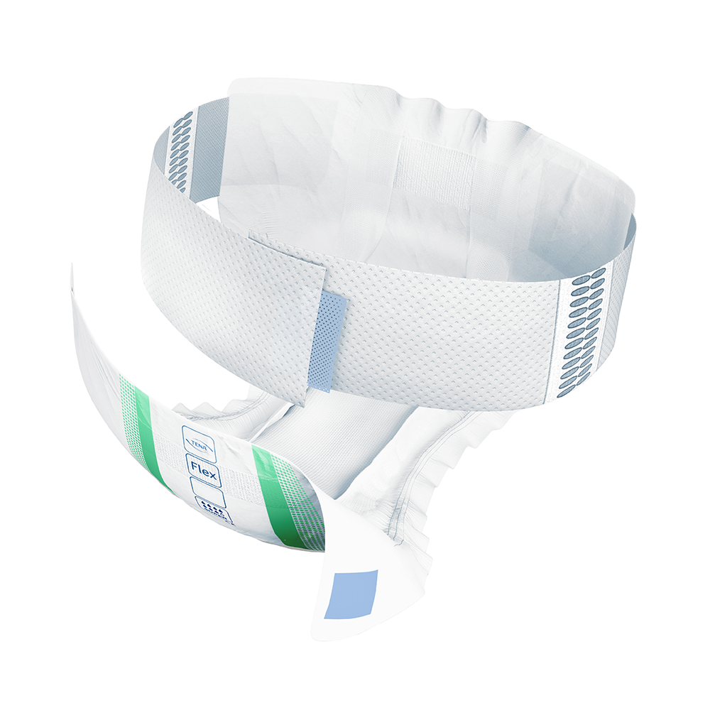 Frontalansicht einer einzeln entnommenen Tena Flex Super XL Inkontinenzwindel.