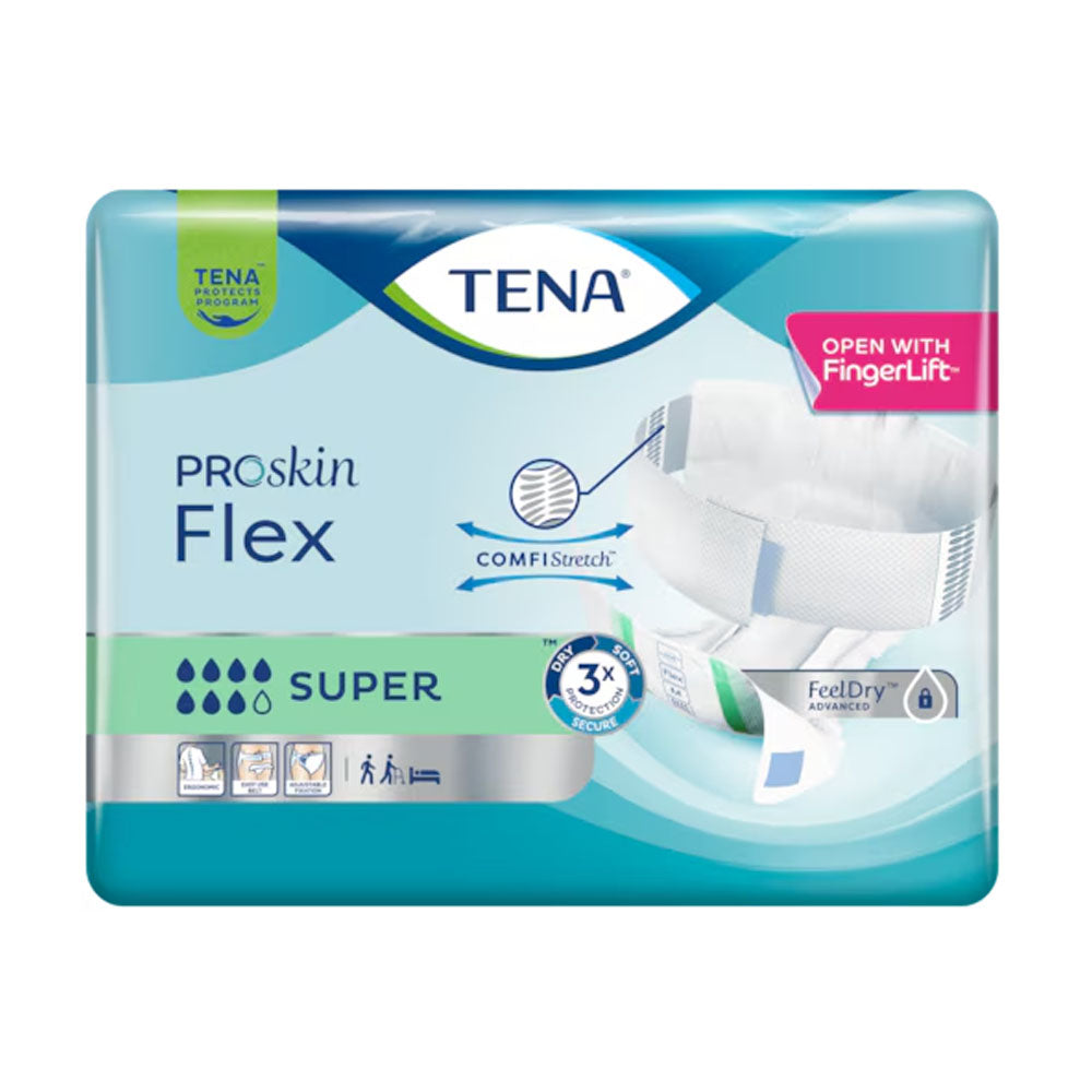 Abbildung von TENA Flex Super XL Inkontinenzvorlagen in einer transparenten Verpackung. Die Vorlagen sind für eine zuverlässige Inkontinenzversorgung konzipiert und zeigen eine weiche, absorbierende Oberfläche. Auf der Verpackung ist das TENA-Logo deutlich zu erkennen sowie die Produktbezeichnung "Flex Super XL". Es werden Informationen zur Anwendung und zum Produkt selbst angegeben. Die Farben sind hell und freundlich, und der Hintergrund ist schlicht, um die Vorlagen hervorzuheben.