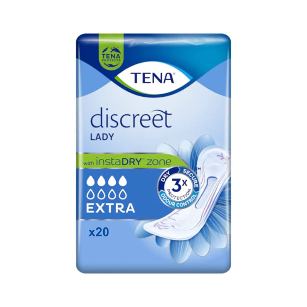 TENA Lady Discreet Extra Inkontinenzeinlagen sind in einer ansprechenden, modernen Verpackung präsentiert. Die Box ist überwiegend in einem hellen Farben gehalten, mit einem minimalistischen Design. Auf der Vorderseite sind das Produktlogo und die Bezeichnung "Discreet Extra" deutlich zu erkennen. Die Inkontinenzeinlagen sind in verschiedenen Faltungen in der Verpackung zu sehen, ihre Form wirkt ergonomisch und komfortabel.