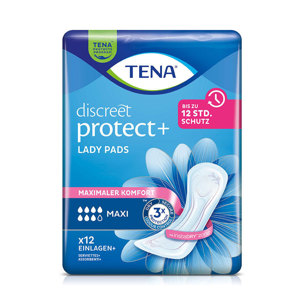 Frontalansicht einer Packung Tena Lady Discreet Maxi Inkontinenzeinlagen.